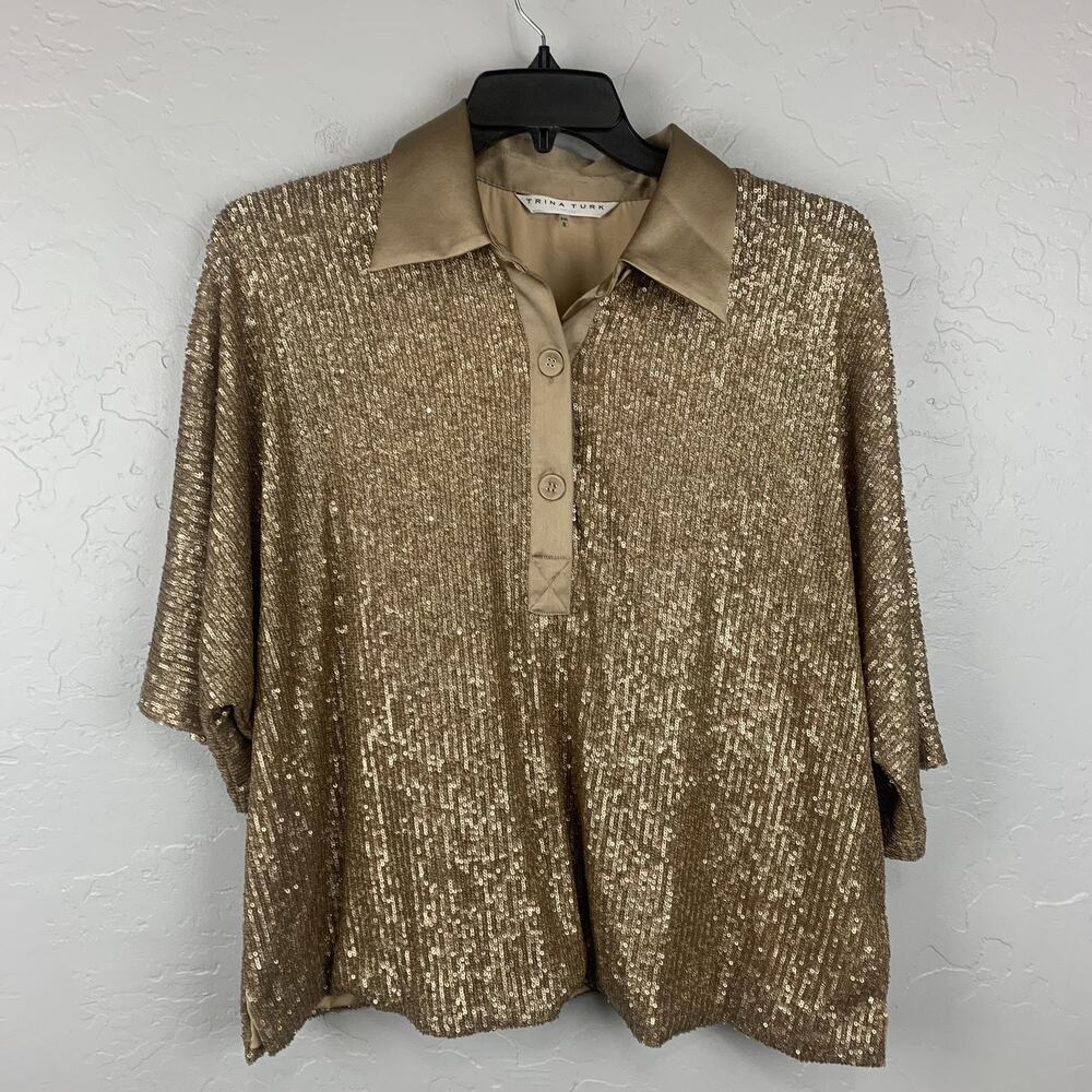 Trina Turk Blouse Womens XXL Gold Sequin Dolman Sleeve Collared Party Top